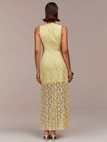 COSMINA Vestido elegante de mujer sin mangas con corte evasé de encaje, adecuado para invitada de boda, Día de San Valentín, fiesta, cita, vacaciones, fiesta de noche - Amarillo claro - Ver 2