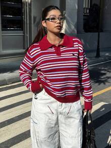 Muchica 大码女式翻领纽扣半开襟条纹刺绣休闲日常针织长袖上衣 - 彩色 - 查看 5