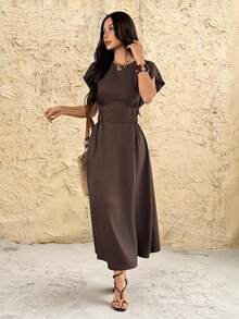 SHEIN PETITE 女士休闲纯色收腰中长连衣裙 - 棕色 - 查看 9