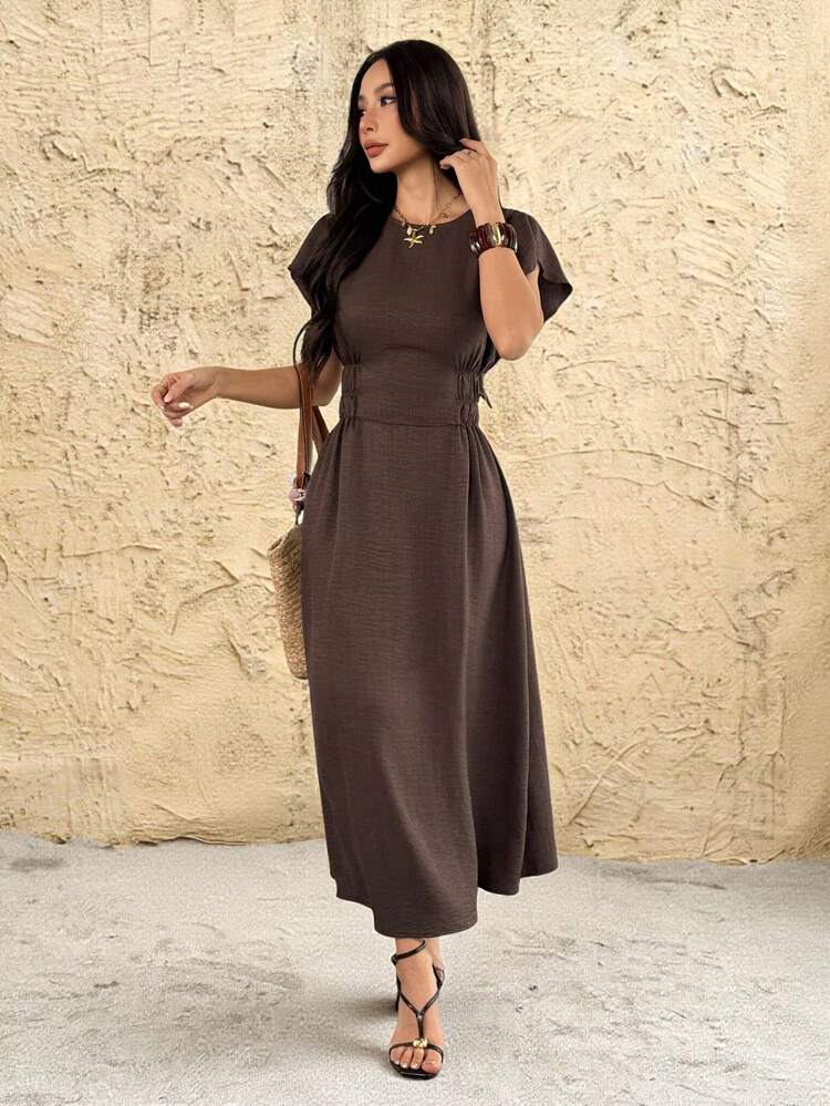 casual brown dress for women SHEIN PETITE Women's Casual Solid Color Waist Cinched Mid-Length Dress Brown  Maxi Dress Coffee Brown Dress Brown Elegant Dress Women ,Petite Women
