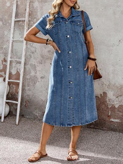 EMERY ROSE Vestido vaquero casual de verano con botones delanteros y mangas cortas