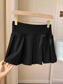 SHEIN Tall CURVE Chân váy chữ A xếp ly tối giản màu trơn cỡ lớn, phong cách thường ngày và sinh viên. - màu đen - Xem 3