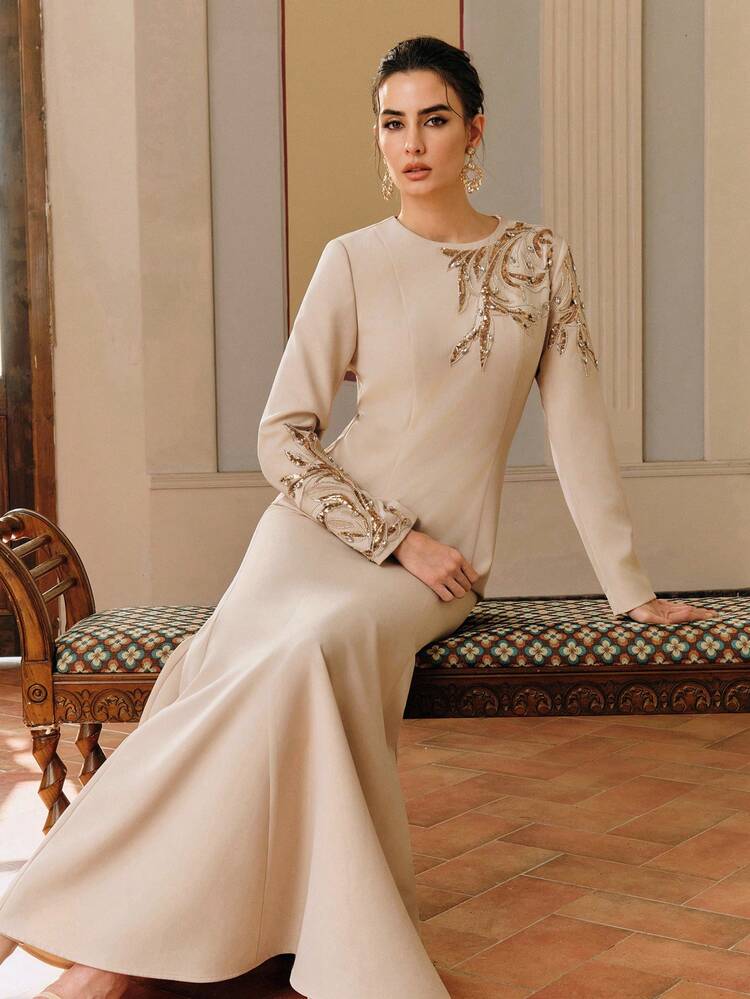 Vestido Elegante de Alta Qualidade com Aplicação de Strass Tamanho Padrão Feminino, Vestido de Festa Sofisticado de Moda, Vestido de Manga Longa para Sair, Fairycore, Vestidos de Outono para Mulheres