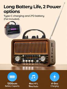 Teckwe Radio portátil de estilo retro AM/FM/OC multibanda, carga USB + reproducción de tarjeta TF, con antena externa, radio personal de emergencia para exteriores, mini receptor FM - Color madera - Ver 5