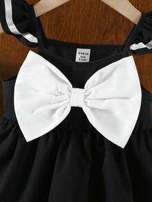 SHEIN Đầm tay ngắn màu đen trắng thanh lịch và dễ thương với nơ thắt cổ cho bé gái - màu đen - Xem 5