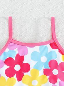 SHEIN 少女彩色花卉涂鸦印花吊带连衣裙，弹力修身款式，适合海滩度假 - 彩色 - 查看 4