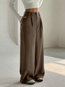 FavEase 女士高级优雅修身休闲阔腿裤 - 棕色 - 查看 3