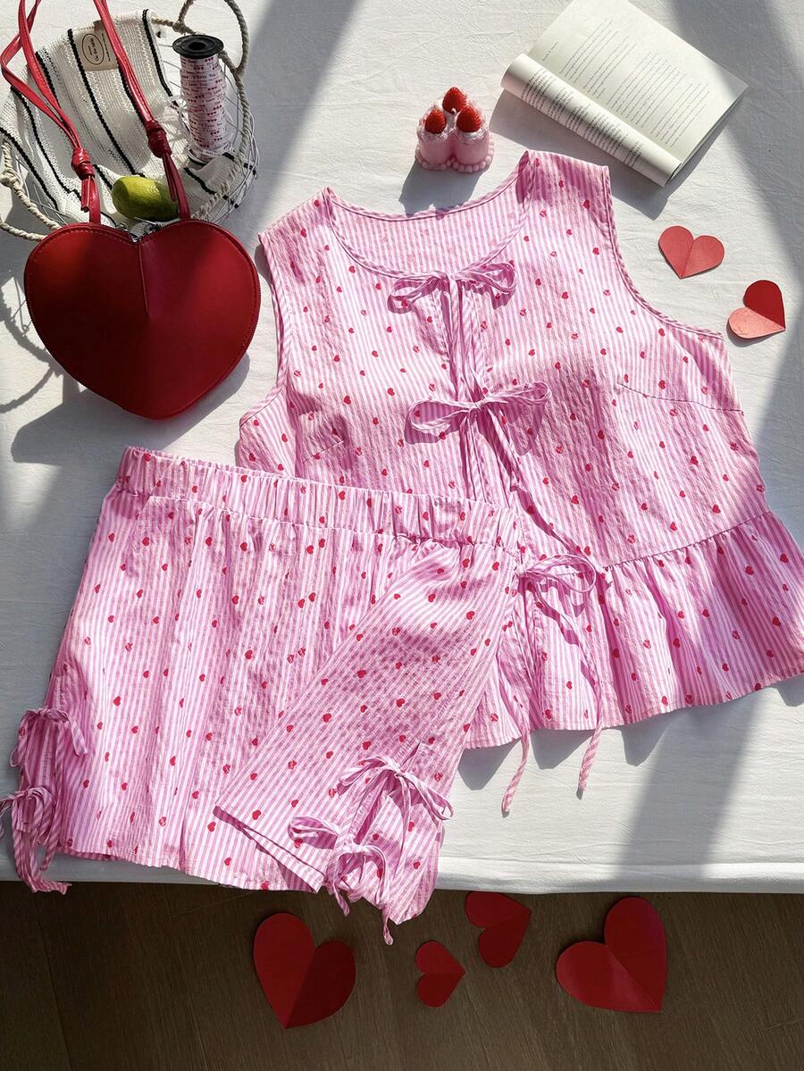 Comfortcana 2件套加大码爱心条纹系带吊带背心和短裤休闲度假套装，春夏款 - 粉色 - 查看 1