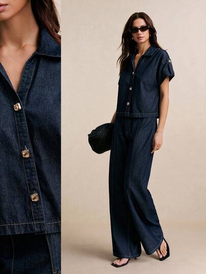 Poéselle Women's Denim Two-Piece Set: A Collared Single-Breasted Short-Sleeved Top Paired With Wide-Leg Jeans In A Casual Dark Blue Denim Two-Piece Outfit. Women's Summer Set Spring Outfit Women Valentine's Day Beach Outfits For Women Birthday Outfit For Women