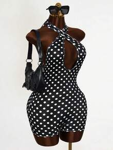 Mistrie Women's Casual Polka Dot Print Halter Neck Hollow Out Romper, Spring/Summer - Black - View 4