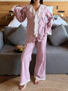 DAZY 女士睡衣套装，采用迷人的3D波点提花面料，饰以亮片刺绣和荷叶边下摆。 - 粉色 - 查看 7