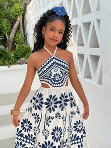 Vestido maxi de playa con estampado floral, espalda descubierta y cintura hueca para niña preadolescente, primavera/verano - Azul - Ver 5