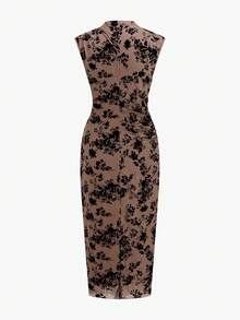 Ellevyn 无袖植绒提花连衣裙，优雅复古 - 棕色 - 查看 2