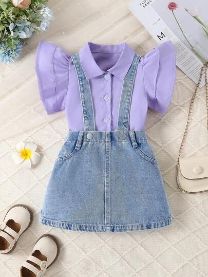 SHEIN Genkimix Kids 2pcs/Set Fashionable & Cute Baby Girl White Flutter Sleeve Shirt Top + Denim Pinafore Skirt, Casual Daily Outfit
