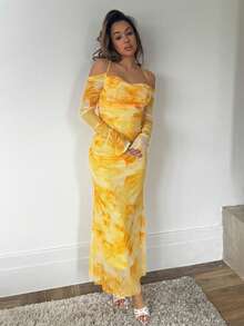 RebeccaVibe 女式优雅印花落肩带长袖连衣裙 - 黃色 - 查看 5