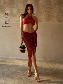 MOTF PREMIUM Váy len móc thủ công kiểu Bohemian với tua rua - Đỏ - Xem 5