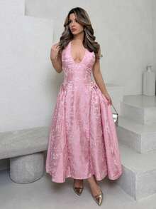 Jemour 复古3D压花花卉V领无袖喇叭女式连衣裙 - 粉色 - 查看 5