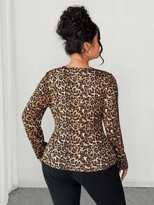 Elenzga Áo thun in họa tiết da báo, kiểu dáng thời trang, giản dị, cổ điển, thanh lịch, thích hợp đi làm, cổ khoét, đính nhẫn vàng. - màu nâu - Xem 2