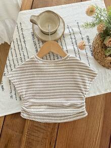 SHEIN Baby Girl Knitted Striped Pleated Crew Neck Top - Apricot - View 2