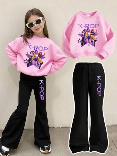 2pcs Young Girls Casual K-POP Cartoon Character Print Long Sleeve Crew Neck Sweatshirt And Flare Pants Set, Comfortable Everyday & Holiday Wear, Suitable For Autumn/Winter K-POP Outfit