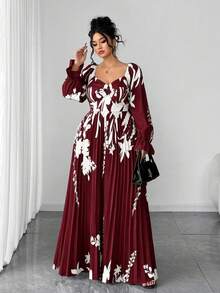 SHEIN Elenzya 大码女装时尚定位印花水钻领长袖连衣裙 - 酒紅色 - 查看 3