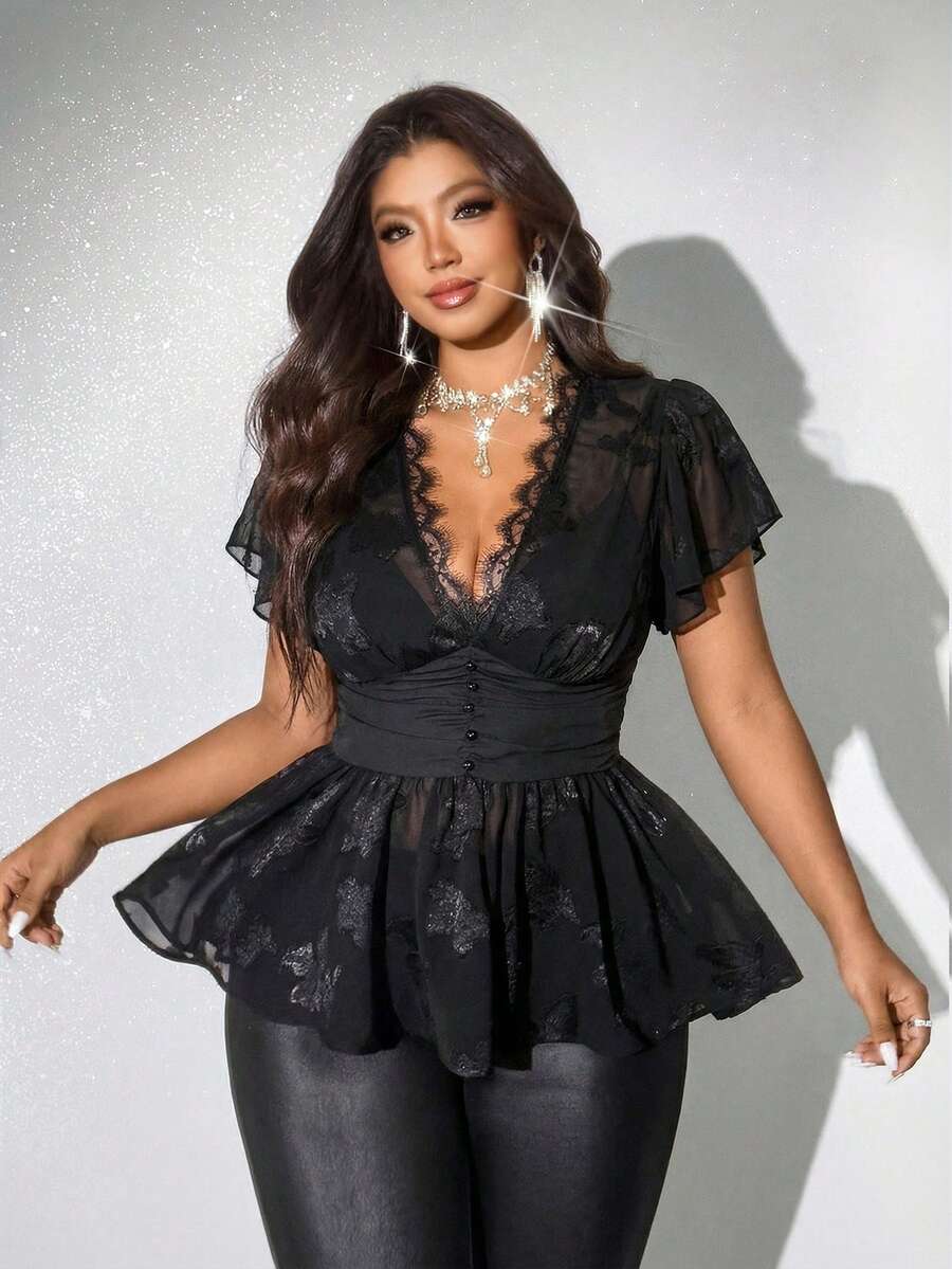 Viva Relle Plus Size Solid Color Deep V-Neck Lace Patchwork Sexy Short Sleeve Blouse - Black - View 1