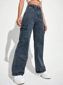 Jeanoix 女士休闲时尚街头风日常通勤翻盖口袋工装牛仔裤 - 深色水洗藍 - 查看 5