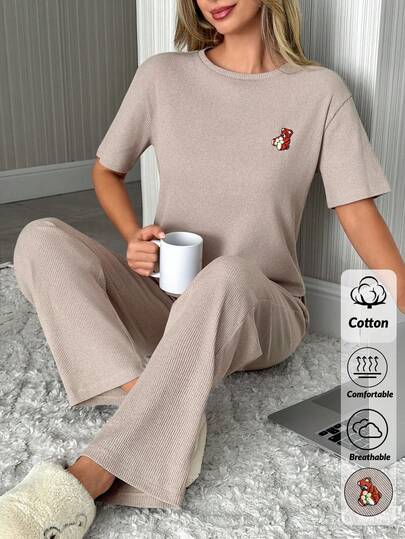 SHEIN Women Cotton 2 Pcs Cute Bear Embroidery Detail Short Sleeved Shirt&Long Pants Homewear Lounge Set