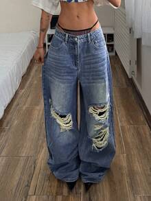 StreetHx Women's Casual Fashion Street Low Waist Distressed Loose Wide Leg Jeans - Blue - View 5
