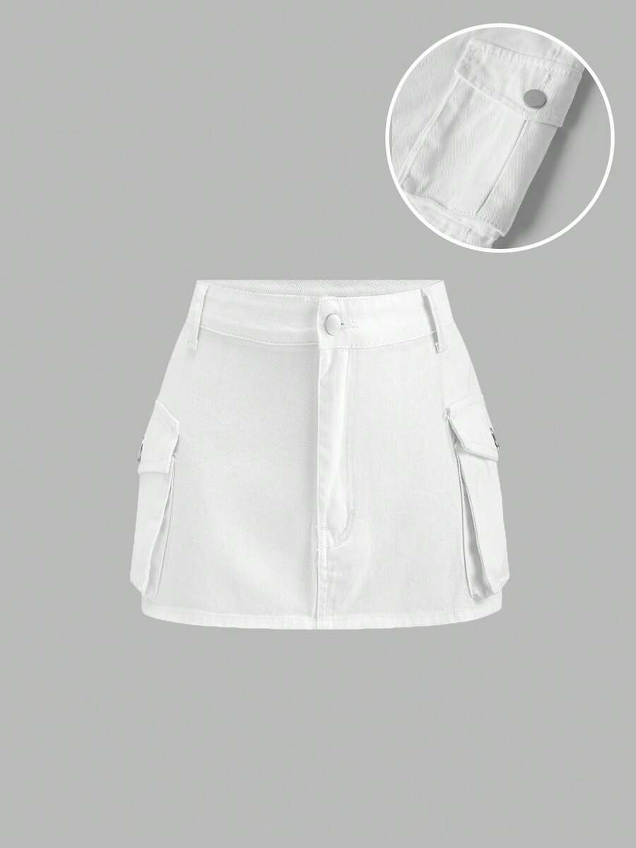 SHEIN MOD Women's Casual Pocket Mini Skirt Womens White Denim Mini Skirt With Cargo Pockets Casual Summer Style Summer Skirt Spring Break Outfits  White Skirt  Y2k Clothes Vacation Outfits Women Going Out Skirt Beach Skirt Carnival Clothes