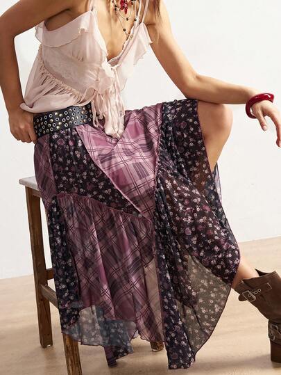Bohemela BOHO Bohemian Casual Vacation Knit Mesh Plaid Print Patchwork Loose Asymmetric Hem Women Skirt
