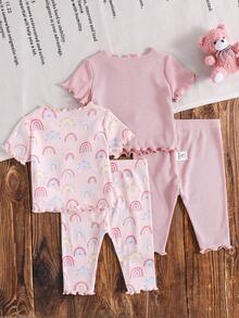 SHEIN LMoss Kids Dozemod Kids Newborn Baby Girl 4pcs Casual Ditsy Floral Ruffle Trim Round Neck Short Sleeve Top And Pants Knit Striped Pajama Set, Summer - Multicolor - View 2