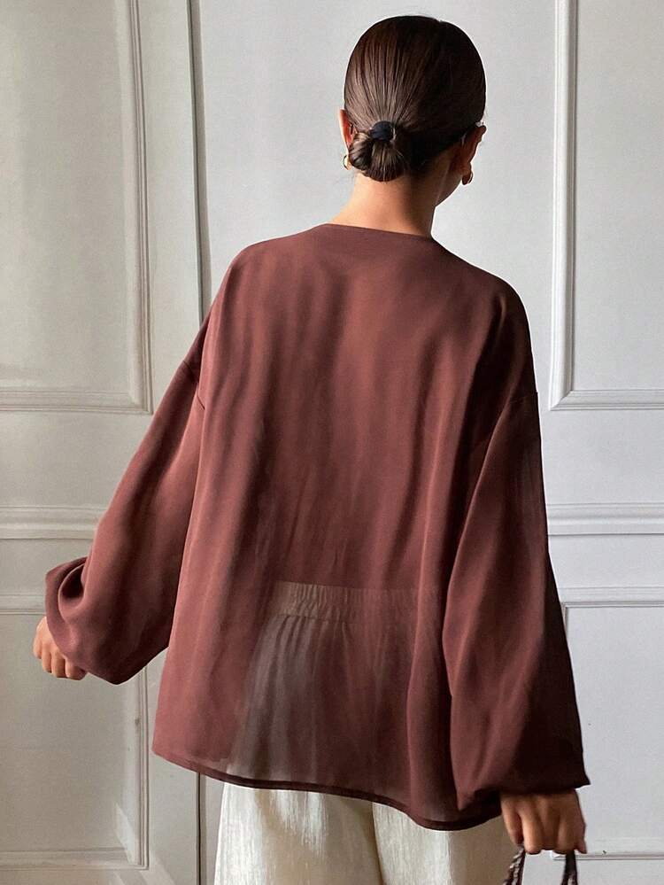 Women's Solid Color Loose Pleated Drawstring Crew Neck Long Sleeve Elegant Resort Blouse, Spring/Autumn