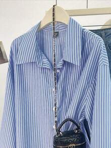 Franclia Áo sơ mi dệt kẻ sọc dáng rộng, cỡ lớn, thích hợp cho mùa Thu/Đông. - Màu xanh hải quân - Xem 3