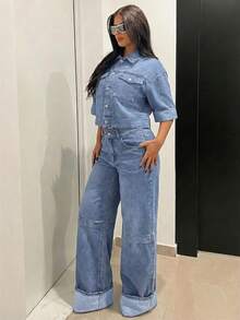 SHEIN Unity 女士休闲水洗双腰牛仔裤 - 中等水洗藍 - 查看 6