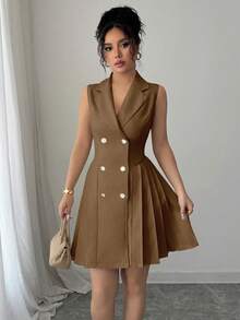 Rafferiza Women's Elegant Commuter Double-Breasted Pleated Hem Sleeveless Dress, Summer - Brown - View 6