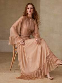 MOTF PREMIUM 女士浪漫荷叶边上衣和半裙两件套，春夏款 - 卡其色 - 查看 6