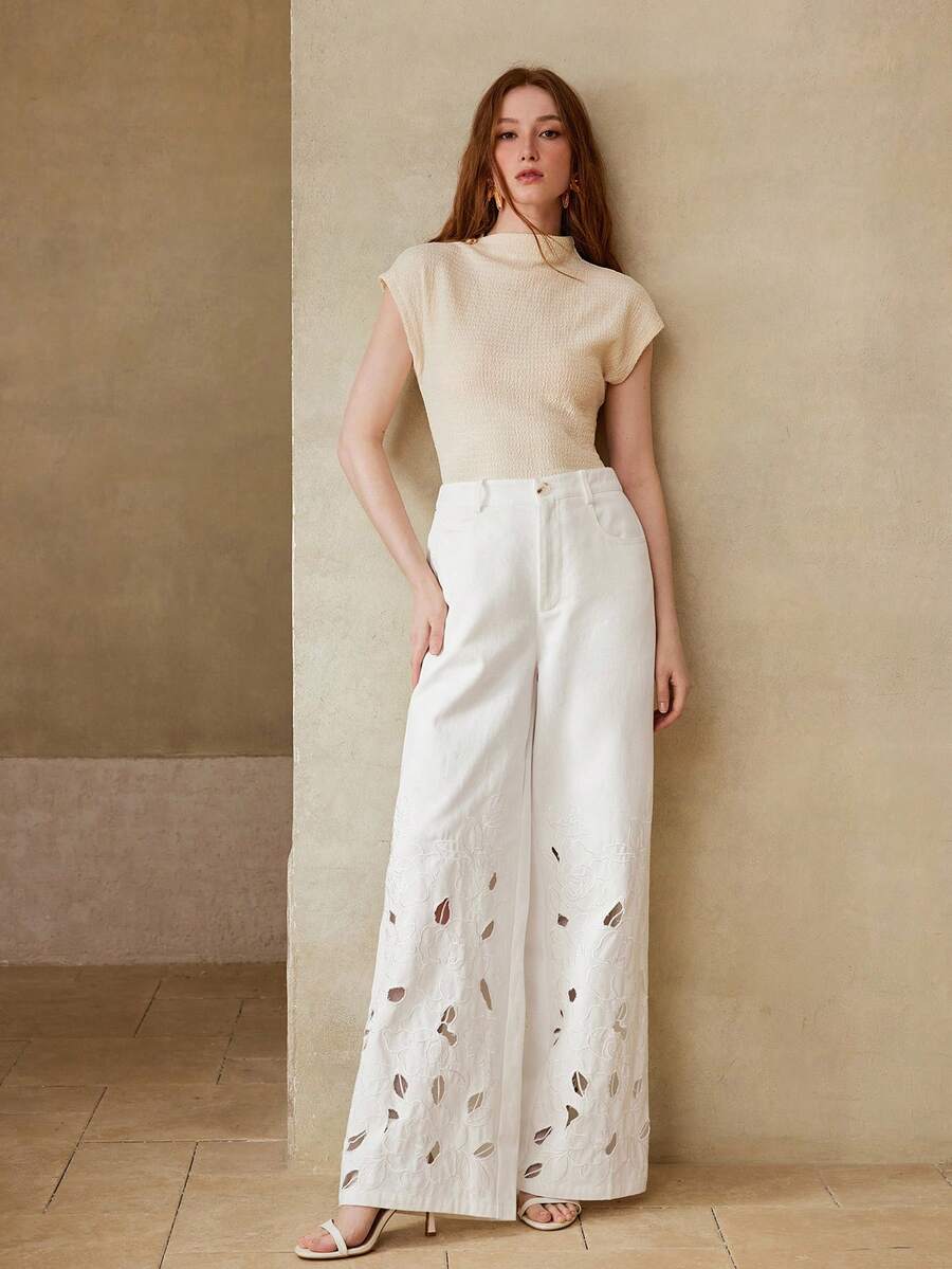 MOTF PREMIUM WOMEN'S SPRING/SUMMER COTTON HOLLOW-OUT EMBROIDERED WIDE LEG PANTS - White - View 1
