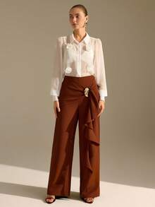 CLARA VERO Damen Asymmetrische Hose mit goldenem Knopf und Rüschensaum, weites Bein - Braun - Übersicht 5
