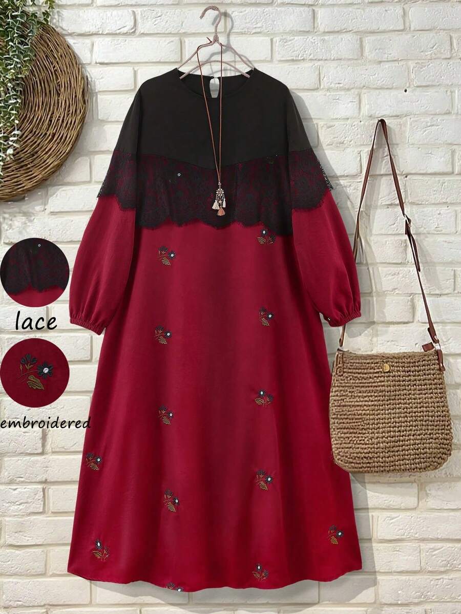 SHEIN Franclia Đầm dài thanh lịch cổ tròn thêu ren phối nhiều mảnh dành cho nữ - Đỏ - Xem 1