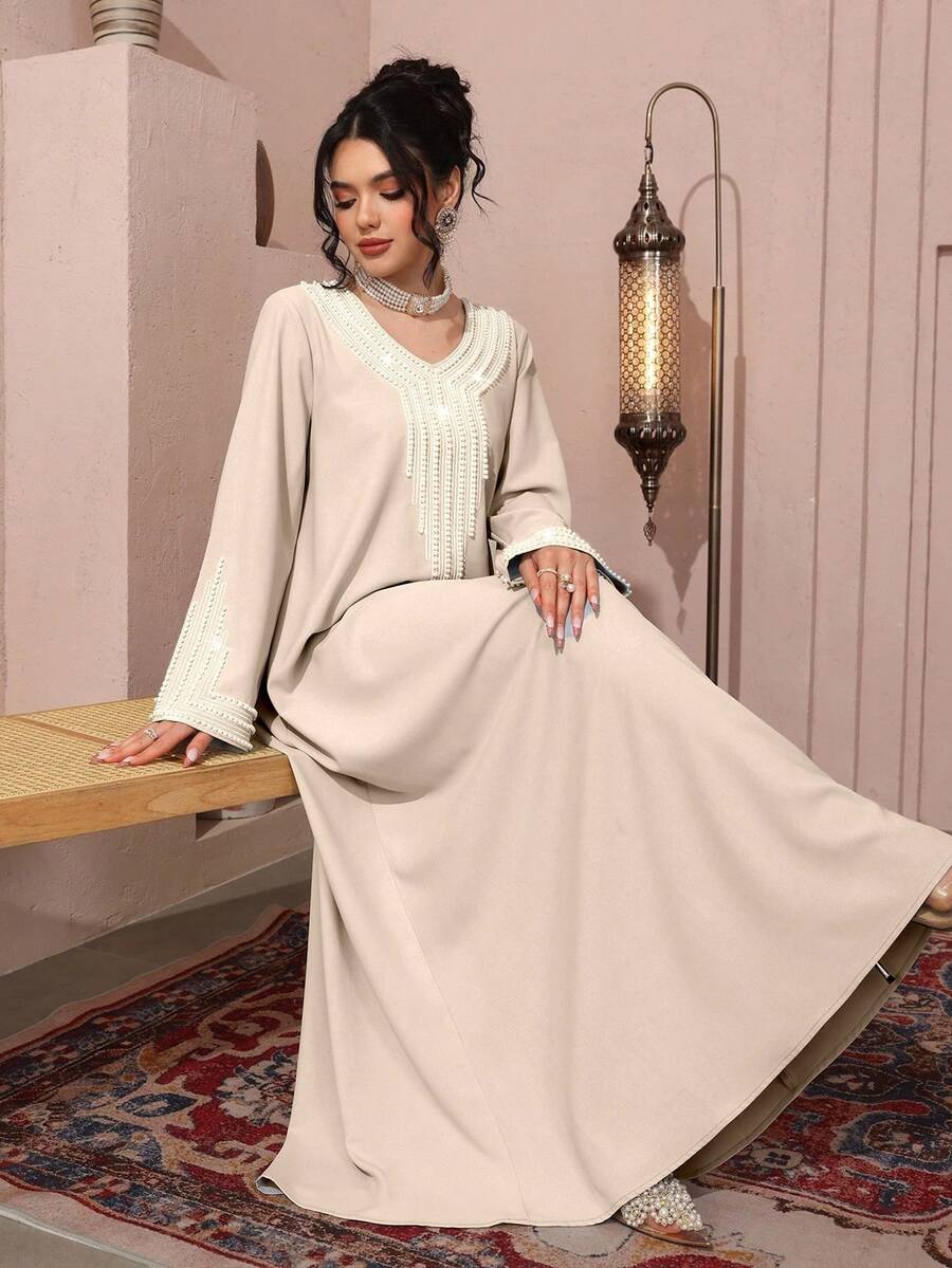 Al Najma Women's Loose Embroidered Beaded Robe For Ramadan - Apricot - View 1