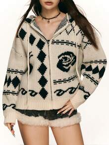 INAWLY Women's Drop Shoulder Long Sleeve Hooded Zip-Up Sweater Jacket, Winter - Beige - View 5
