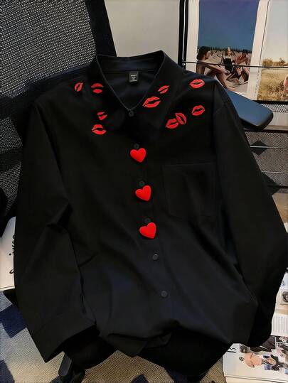 GlowEve CURVE 加大码心形和嘴唇印花长袖衬衫