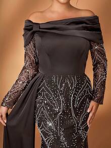 Serin 大码优雅奢华咖啡色露肩礼服，饰有串珠和亮片，褶皱袖，鱼尾裙摆，适合婚礼、派对、度假、舞会、新娘母亲晚礼服 - 咖啡棕 - 查看 4