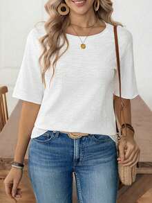 Louniche 女士休闲纯色短袖T恤，亚麻针织露脐上衣 - 白色 - 查看 3
