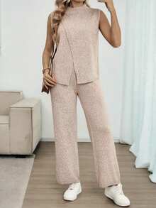 Louniche 2pcs Women Casual Crossover Mock Neck Sweater Top And Straight Leg Pants Set, Fashion Versatile For Spring, Summer, Autumn - Khaki - View 1