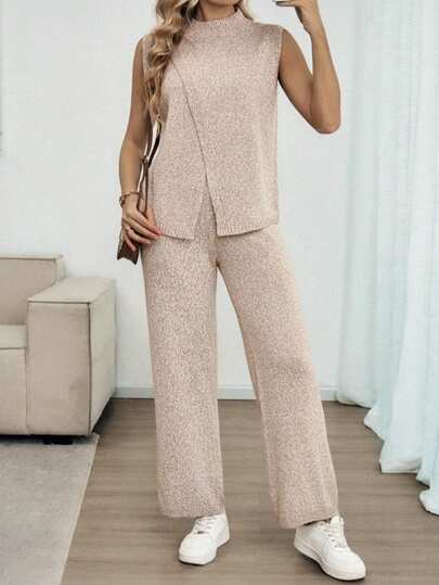 Louniche 女士休闲交叉高领毛衣上衣和直筒裤两件套，时尚百搭，适合春、夏、秋季穿着。