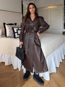 Ronhire Manteau trench long casual à manches longues et boutons pour femmes - Marron - Voir 1