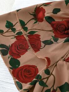 Linhara 大码女式复古棕色玫瑰荷叶边双层宽松休闲度假衬衫 - 彩色 - 查看 4