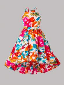 SHEIN 年轻女孩优雅简约露背印花无袖连衣裙 - 粉色 - 查看 4